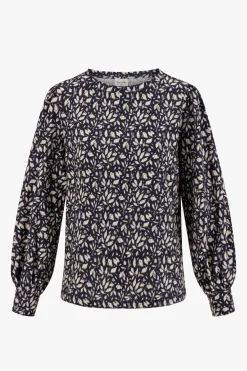 zusss boothals top met blaadjesprint donkerblauw