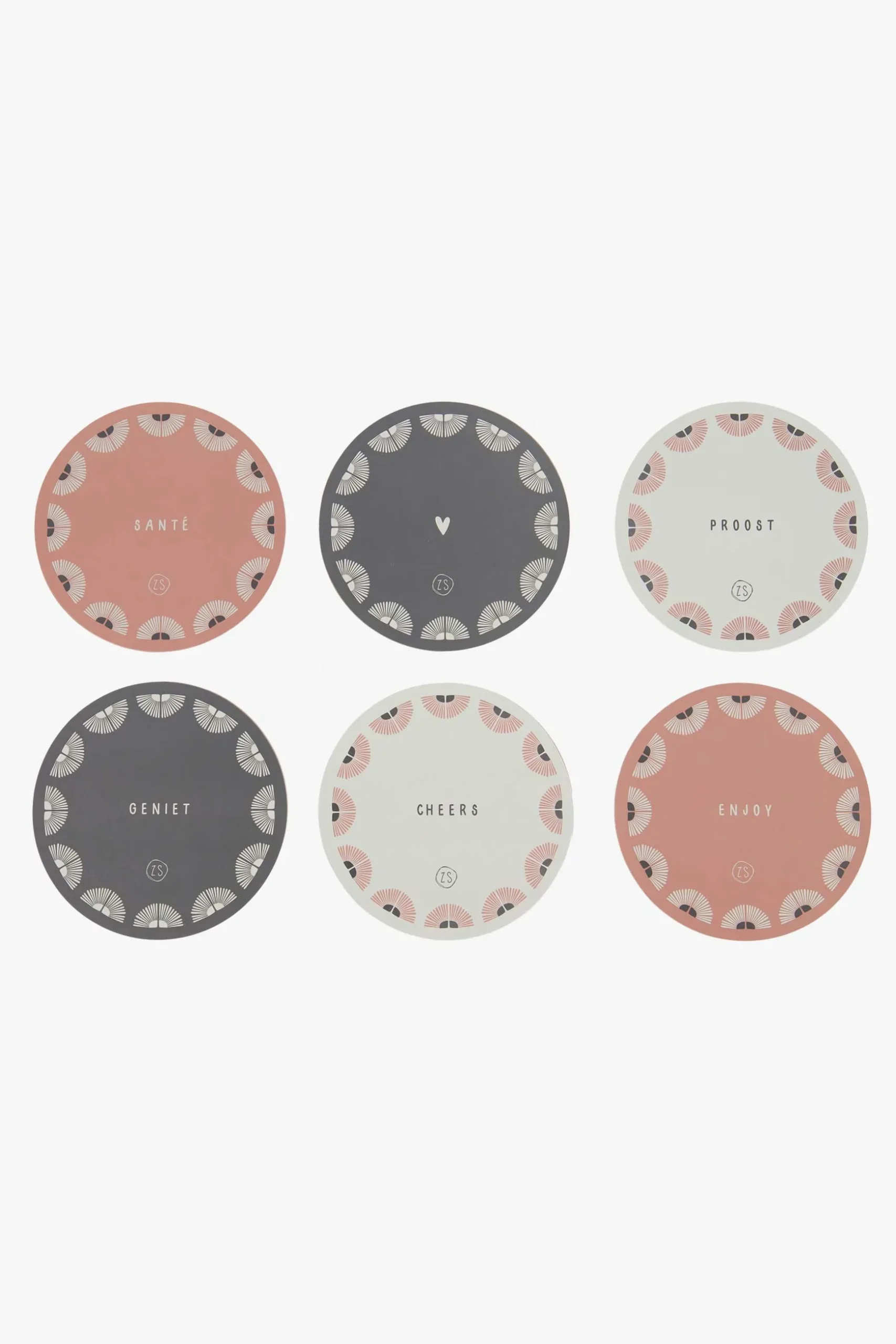 zusss Set van 6 onderzetters rond zand/antracietgrijs/terra roze